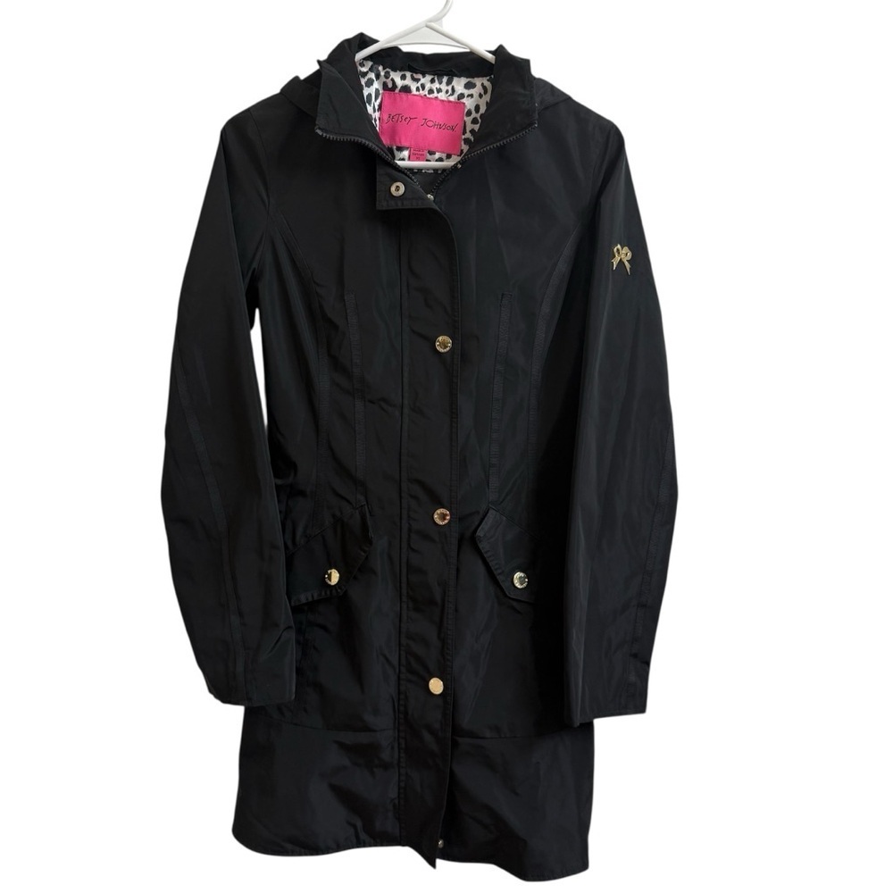Betsey Johnson Women's Size XS Black Hooded Long Rain Coat Jacket Gold Hardware